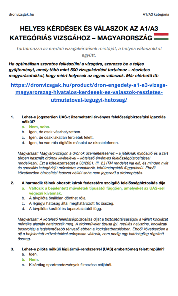 Drón Engedély A1/A3 Vizsga Magyarország – Hivatalos kérdések és válaszok, részletes útmutatóval (Légügyi Hatóság) - Kép 2