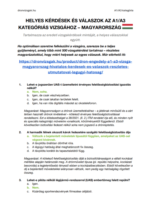 Drón Engedély A1/A3 Vizsga Magyarország – Hivatalos kérdések és válaszok, részletes útmutatóval (Légügyi Hatóság)
