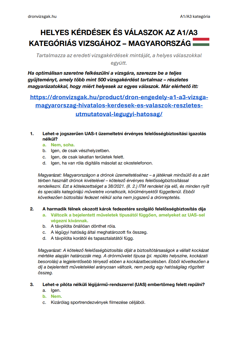 Drón Engedély A1/A3 Vizsga Magyarország – Hivatalos kérdések és válaszok, részletes útmutatóval (Légügyi Hatóság) - Kép 2
